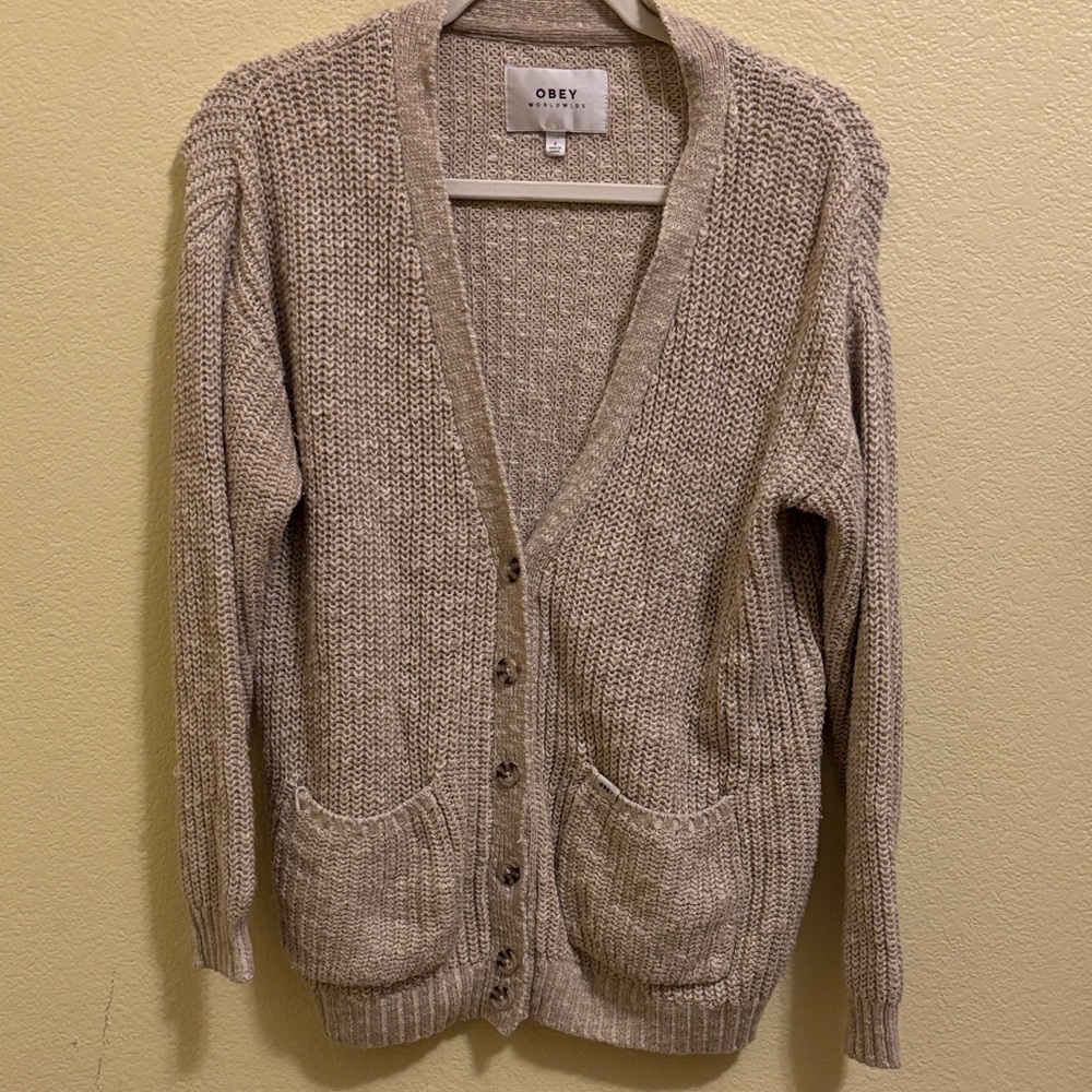 Obey Neutral Beige Knit Button-Up Cardigan